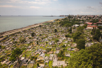 Aerial view of the old cemetery on the Black Sea coast, Poti, Georgia.
