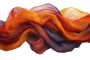 Colorful flowing fabric in shades of orange, purple, and red on a white isolated background.