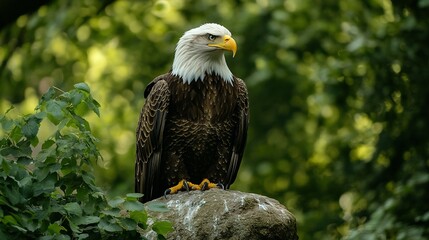 A majestic bald eagle is perched atop a rocky surface