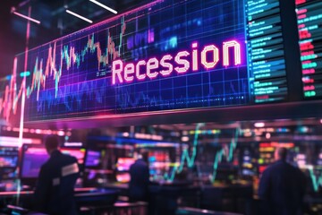 A modern financial crisis illustration, where the word "Recession" appears as a digital glitch on a traderâ€™s screen.
