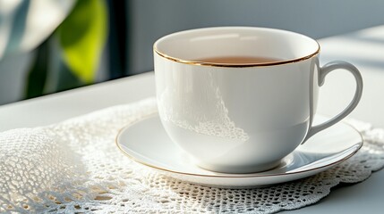 Obraz premium A cup of tea on a lace doily in sunlight.