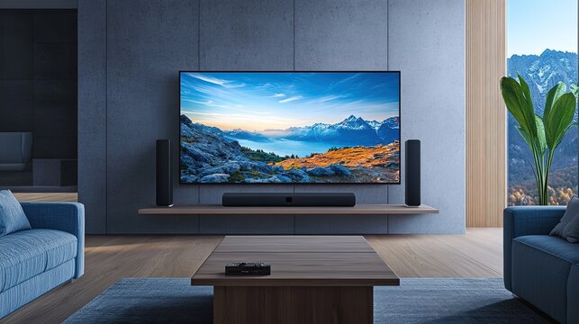 Modern smart tv connected with sound bar. Home entertainment system. Tech, visual, audio entertainment. Stylish interior design. Living room setup. High-quality image, beautiful 8k Resolution