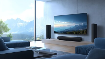 Fototapeta premium Modern smart tv connected with sound bar. Home entertainment system. Tech, visual, audio entertainment. Stylish interior design. Living room setup. High-quality image, beautiful 8k Resolution