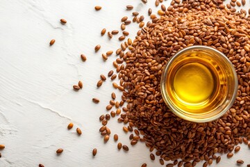 Flaxseed Oil on White Background