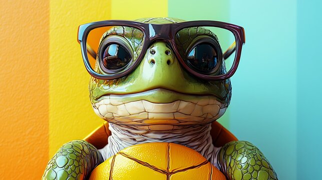 Cute cartoon turtle wearing glasses against a rainbow backdrop.