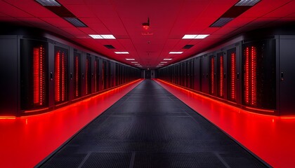 A long hallway with server racks and red illuminated elements