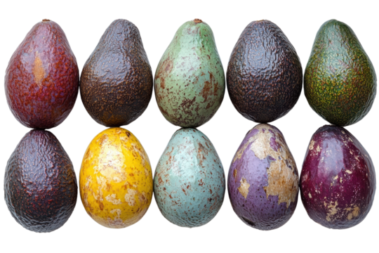 Colorful variety of avocados arranged symmetrically, showcasing vibrant hues and unique textures, perfect for fresh meal ideas.