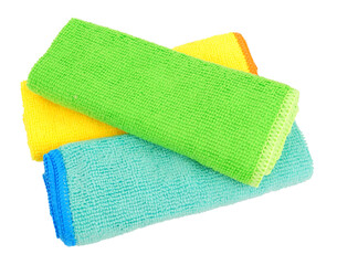 Group of polyester fabric microfibre washable cleaning cloths isolated on a white background