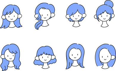 笑顔の様々な髪型の女性たち　シンプルな手描きイラストセット