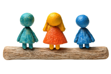 Colorful wooden figures representing equality and diversity, standing on a log that symbolizes unity.