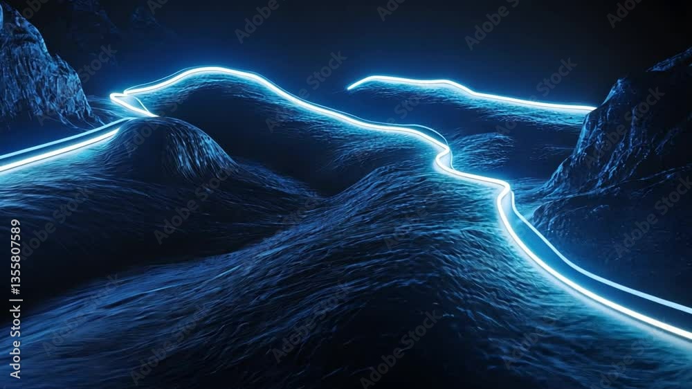 Poster navigating the digital terrain: futuristic digital landscape with glowing lines across textured terr