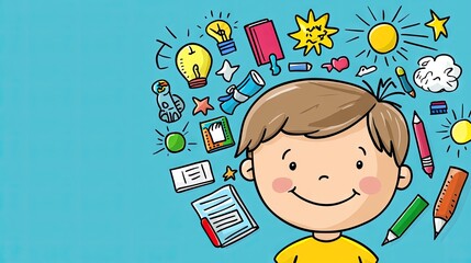 Happy boy, creative ideas, school supplies, bright background, education concept