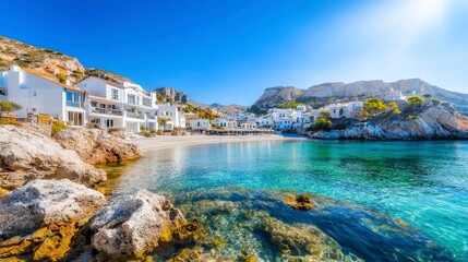Fototapeta premium Idyllic Coastal Town Turquoise Waters White Houses Rocky Coastline