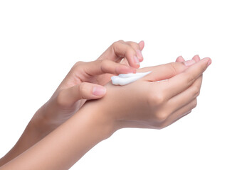 Woman putting moisturizing cream on hand Isolated on transparent or white Background