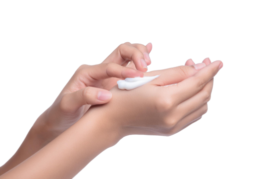 Woman putting moisturizing cream on hand Isolated on transparent or white Background