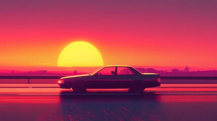 Silhouette of a car driving into a vibrant sunset.