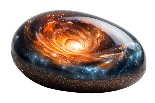 A stunning representation of a galaxy within a smooth, polished stone on a white isolated background.