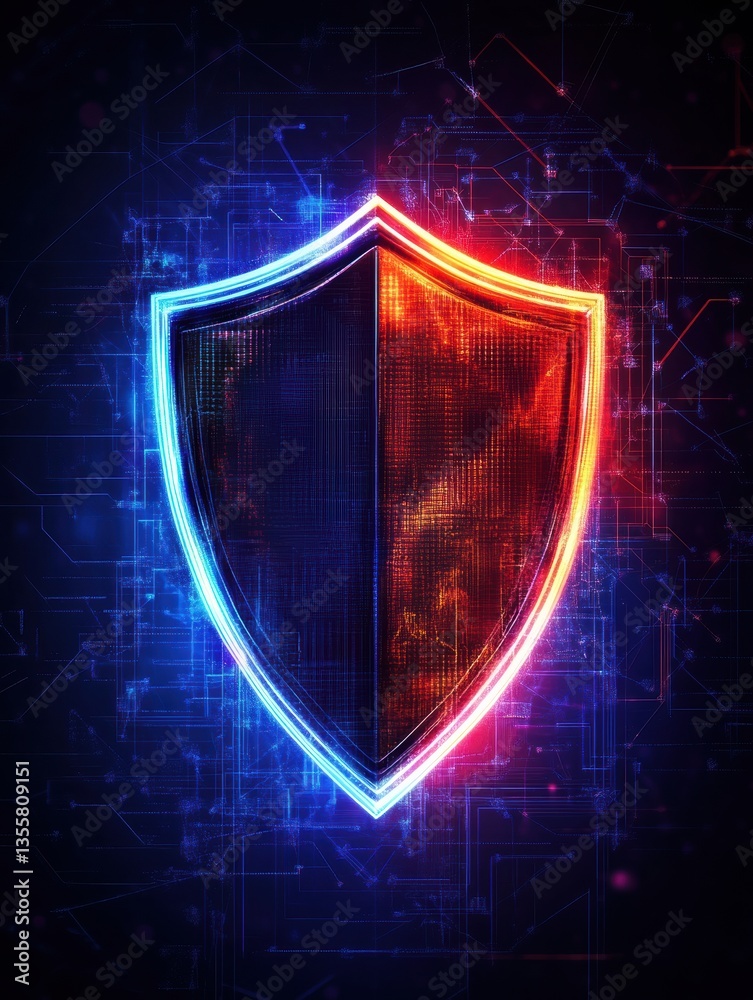 Aufkleber futuristic digital security concept featuring a glowing shield symbol with neon lights in a high-tec