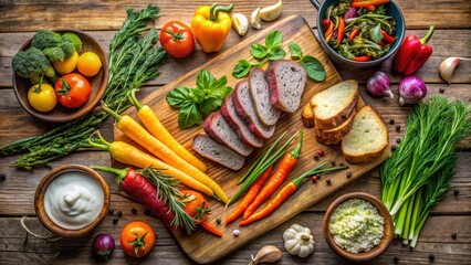 Fototapeta premium A vibrant flatlay showcasing an assortment of fresh vegetables, herbs, sliced bread, and creamy dip, arranged on a rustic wooden surface for a healthy and appetizing culinary composition.