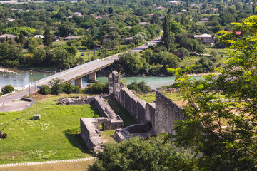 Aerial view of the old bridge over the river from Nokalakevi fort in Georgia.