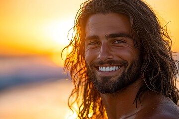 A young, tanned man with long brown hair smiles at the sunset. Warm golden light illuminates his face and hair.
