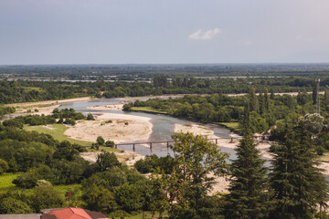 Aerial view of the old bridge over the river from Nokalakevi fort in Georgia.