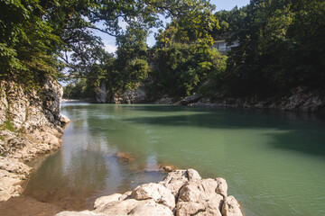 A view of a river flowing through the forest inn Betlemi canyon, Georgia.