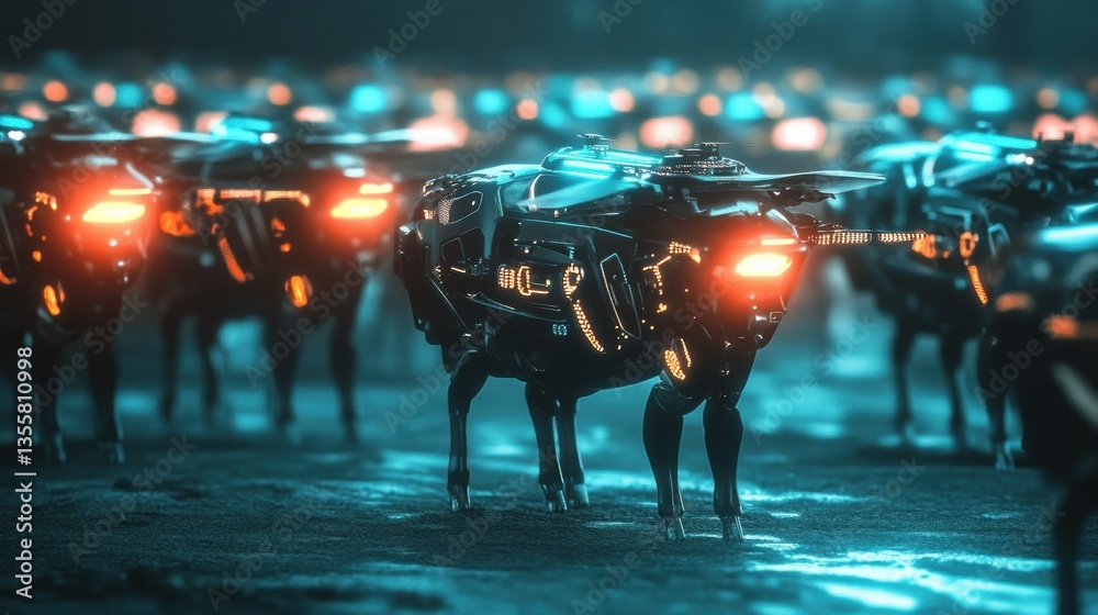 Poster Autonomous drones utilize advanced sensors to monitor a herd of cows in a futuristic agricultural setting at dusk