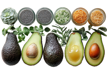 Fresh avocados split open, paired with herbs and spices on a white isolated background.