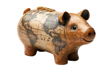 A unique piggy bank designed with a world map, symbolizing saving and global awareness.