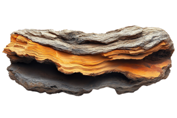 A unique wooden log showcasing intricate textures and vibrant orange hues against a white background.