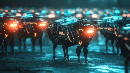Autonomous drones utilize advanced sensors to monitor a herd of cows in a futuristic agricultural setting at dusk