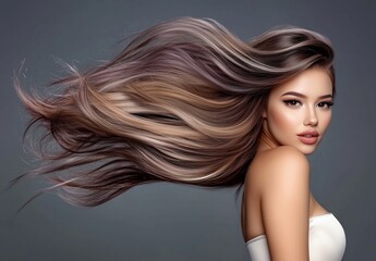 Obraz premium Beautiful Woman model with Long Straight purple multi color Hair in Studio Portrait - Glamour Close-Up Female Model neutral color background