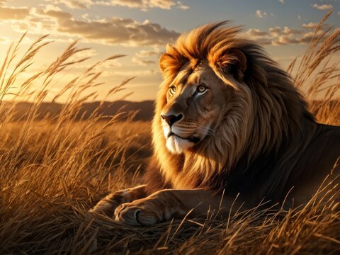 lion lying in a dry grass