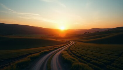 Naklejka premium Scenic Sunset Over Winding Road Through Rolling Green Fields and Hills