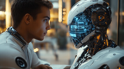 Human and Robot Face-to-Face in Futuristic Setting

