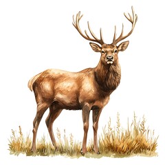 Fototapeta premium Majestic Red Deer Stag in Autumnal Grassland. A stunning illustration of a male deer with large antlers standing proudly in a field of golden grasses.