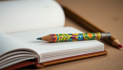 Fototapeta premium Colorful Pencil on Open Notebook with Artistic Design