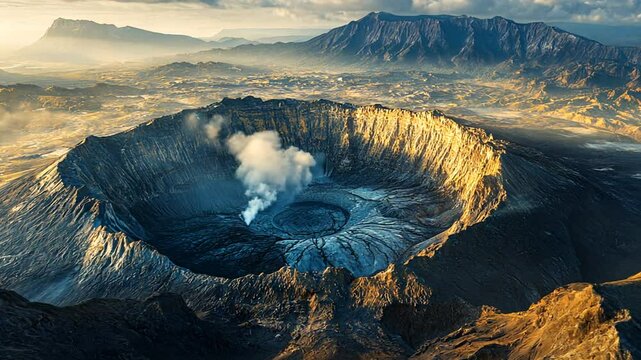 Majestic Volcanic Landscape: Bromo Crater with Steam Emanating in Stunning Daylight