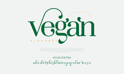 Vegan Elegant Font Uppercase Lowercase And Number. Classic Lettering Minimal Fashion Designs. Typography modern serif fonts regular decorative vintage concept. vector illustration