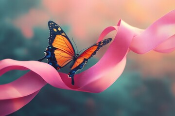 Obraz premium A conceptual digital painting of a butterfly emerging from a pink ribbon, symbolizing rebirth and healing.