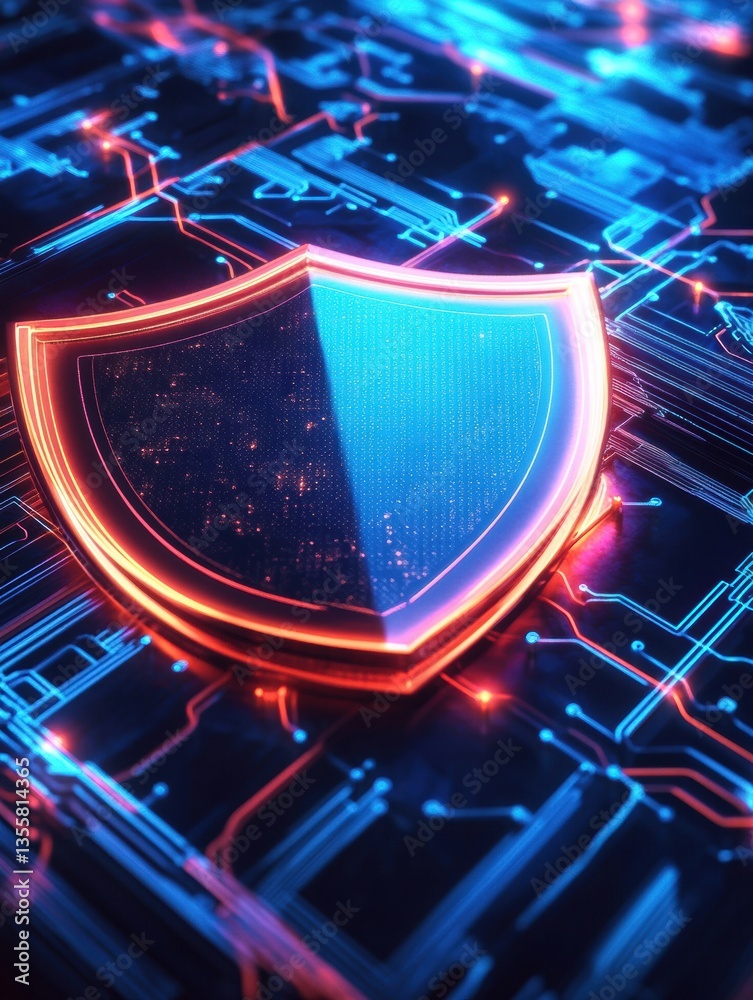 Poster conceptual glowing shield symbol with neon lights representing digital security and futuristic prote
