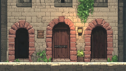 Pixel Art Building Facade With Three Arched Doors