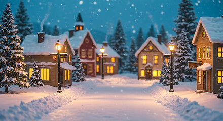 Fototapeta premium Snowy Village Scene with Glowing Houses and Streetlights in Winter