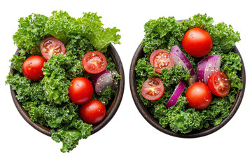 Freshly prepared salads with lettuce, tomatoes, and onions served in bowls.