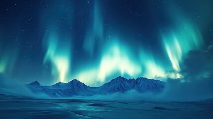 Aurora borealis over snowy mountains at night