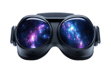 Futuristic VR goggles with cosmic galaxy visuals, perfect for immersive experiences and innovative technology.