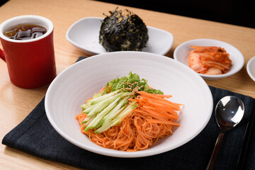 Korean Jjolmyeon is a Korean noodle dish characterized by chewy noodles and spicy seasoning.