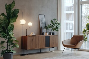Modern living room interior design with wooden cabinet, lamps, and plants. City view in background