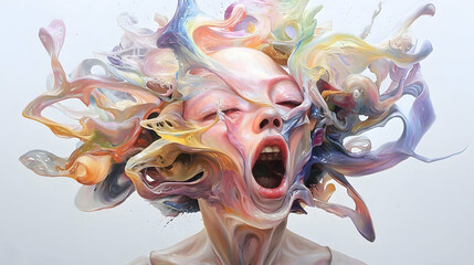 Abstract Colorful Paint Splash Portrait of a Woman Screaming